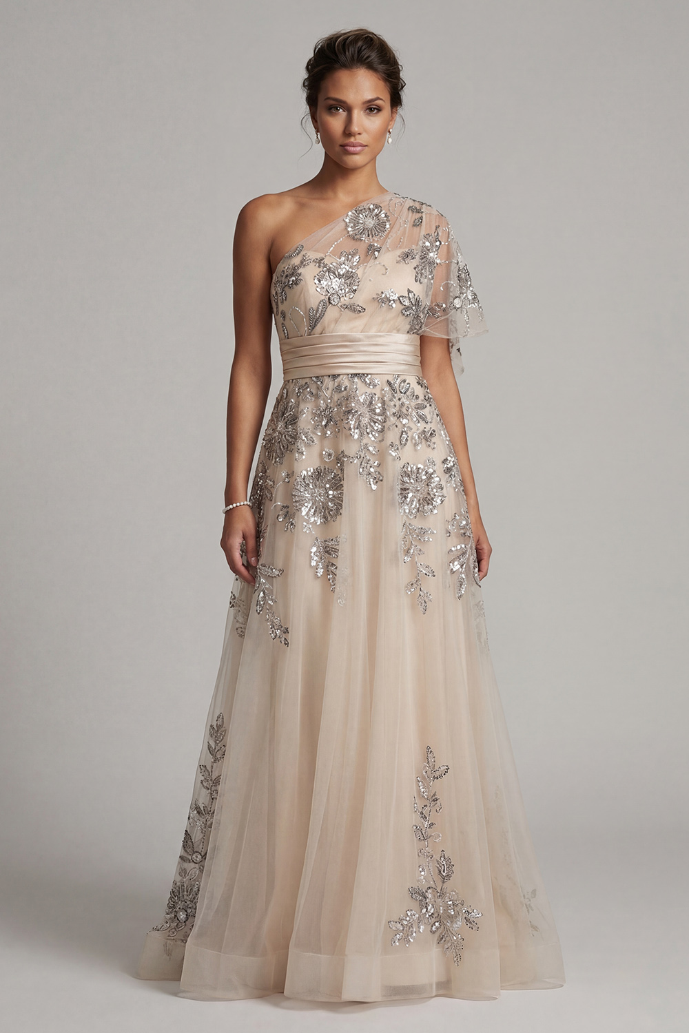 Champagne Floral A Line Long One Shoulder Mother of the Bride Dress