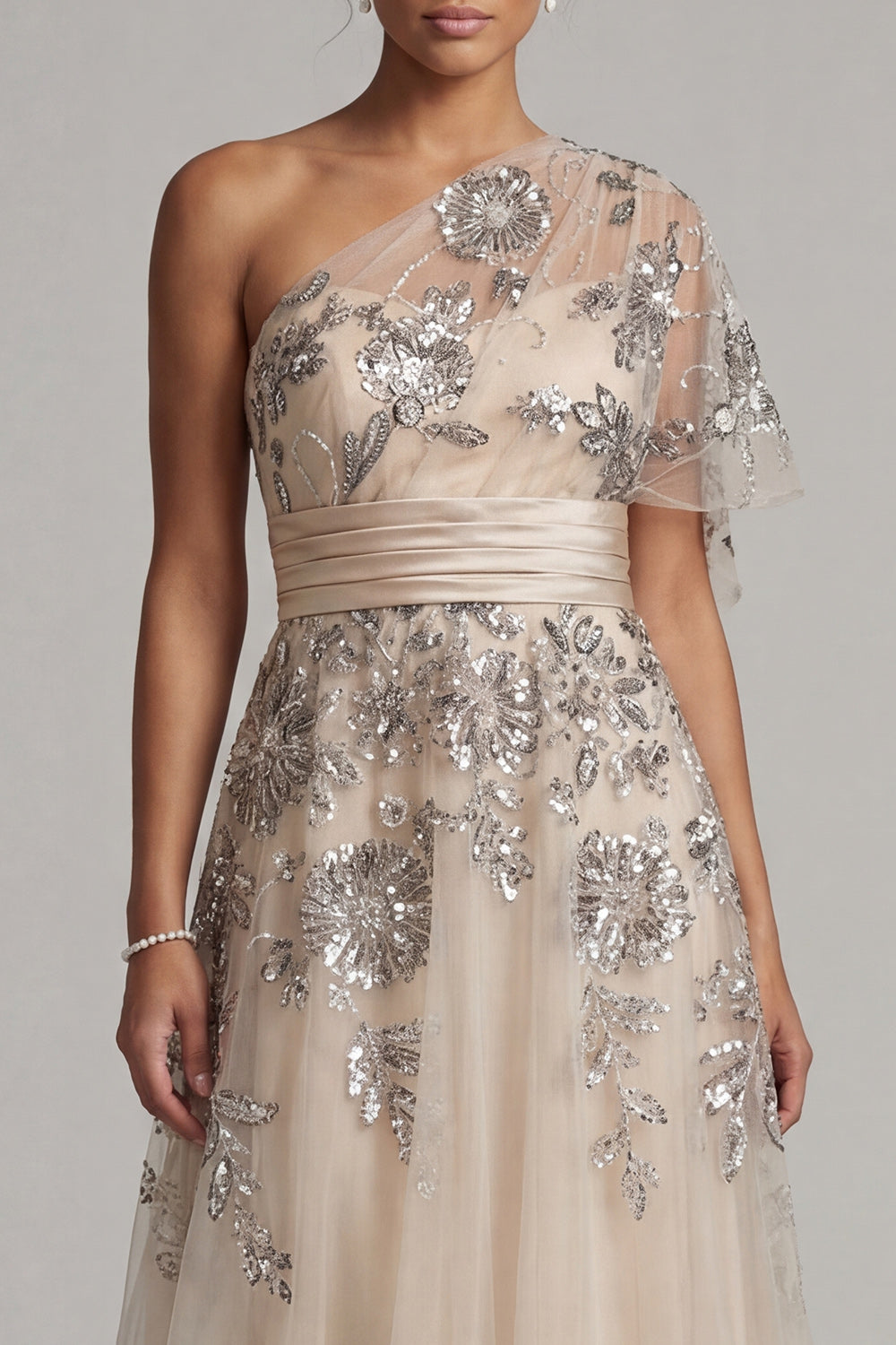 Champagne Floral A Line Long One Shoulder Mother of the Bride Dress