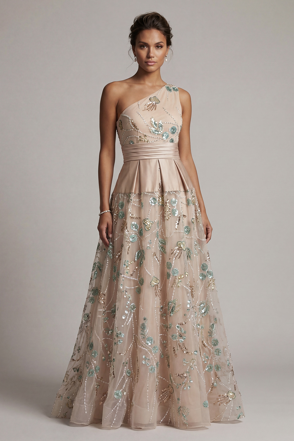 Sparkly Champagne Sequin A Line Floral Long Mother of the Bride Dress