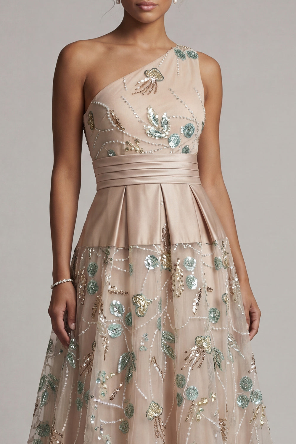 Sparkly Champagne Sequin A Line Floral Long Mother of the Bride Dress