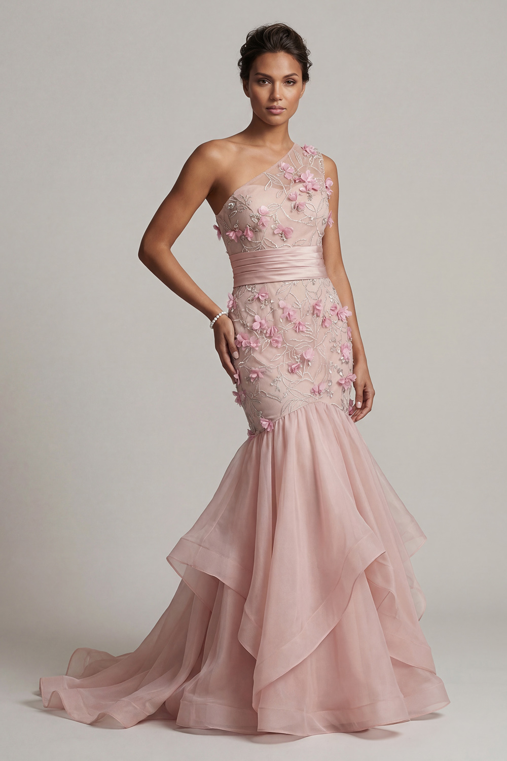 Floral Blush Mermaid Long Mother of the Bride Dress with Ruffles
