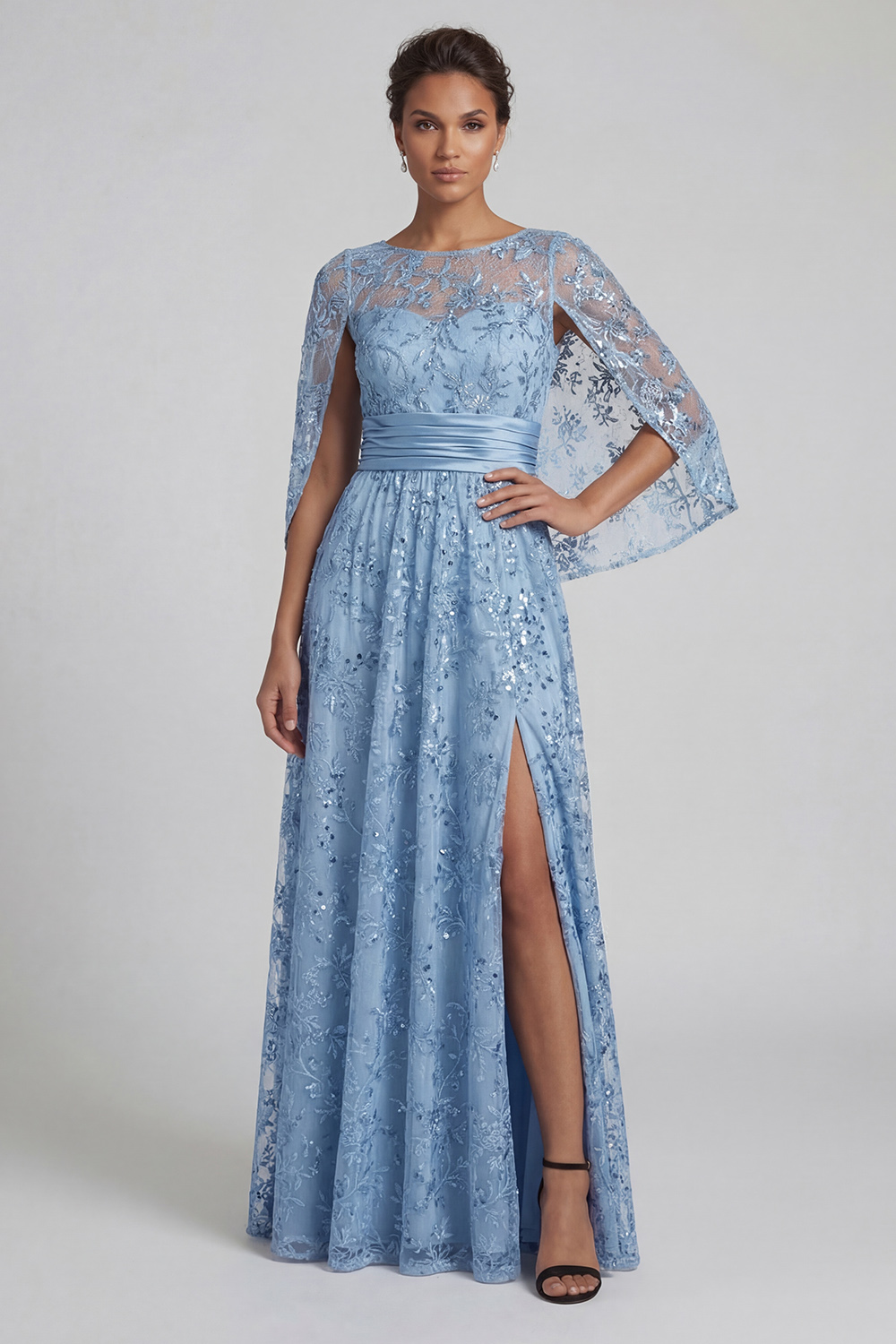 Sparkly Sky Blue A Line Floral Long Sequin Mother of the Bride Dress with Slit