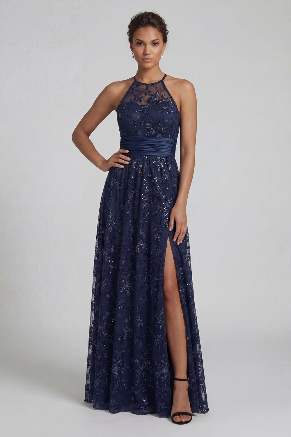 Sparkly Navy Floral Long Sequin A Line Mother of the Bride Dress with Slit