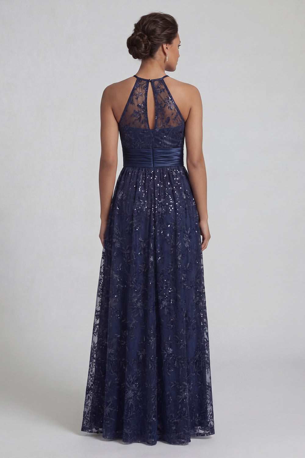 Sparkly Navy Floral Long Sequin A Line Mother of the Bride Dress with Slit