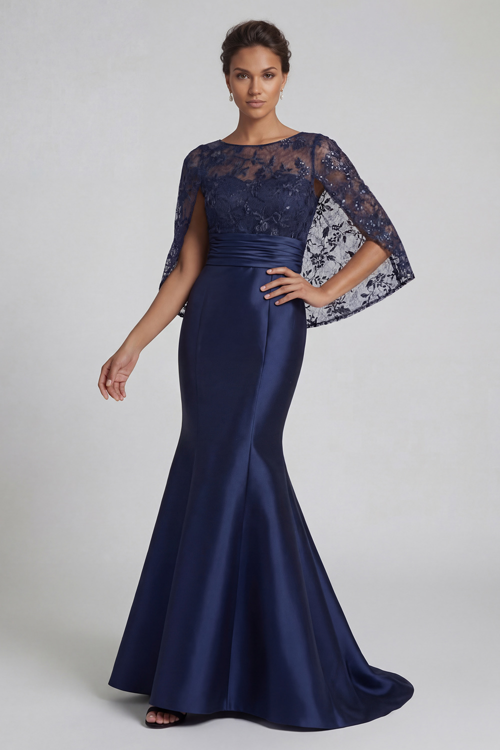 Navy Sequin Floral Long Sparkly Mermaid Mother of the Bride Dress with Cape