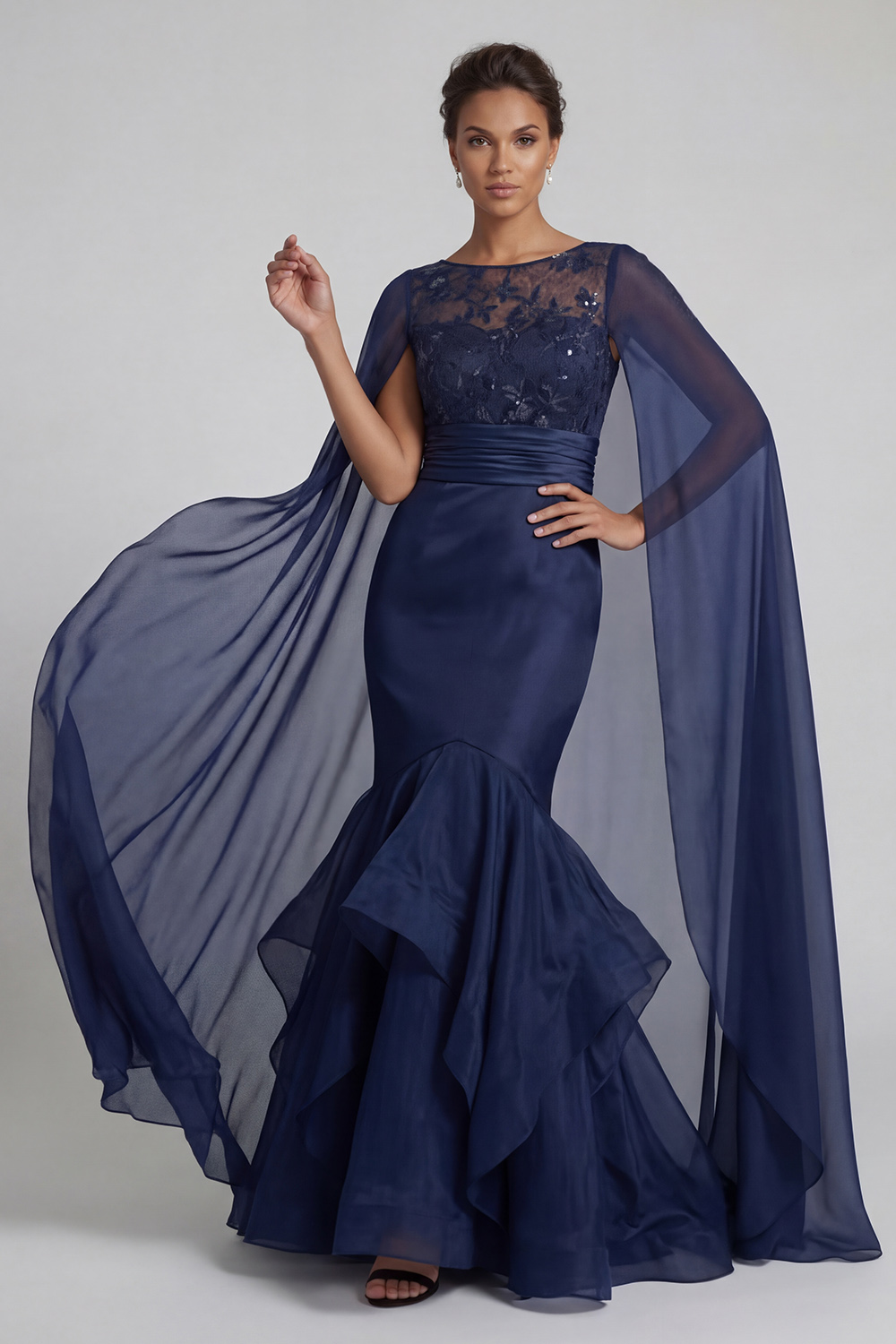 Navy Mermaid Floral Long Mother of the Bride Dress with Ruffles
