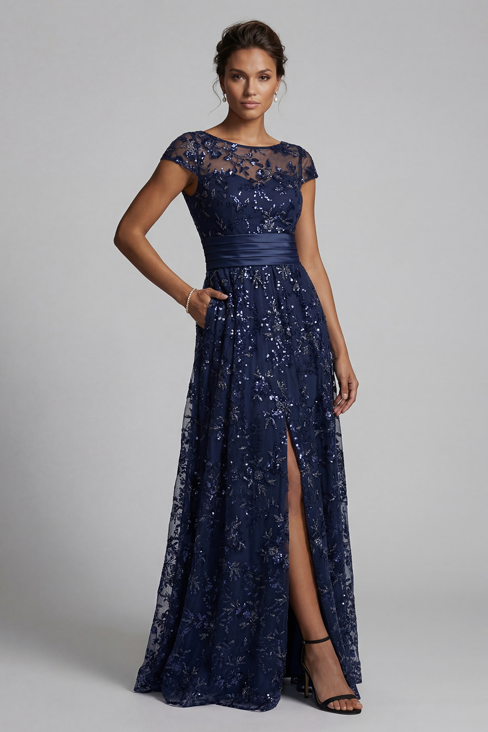 Sparkly Sequin Navy A Line Floral Long Mother of the Bride Dress with Pockets