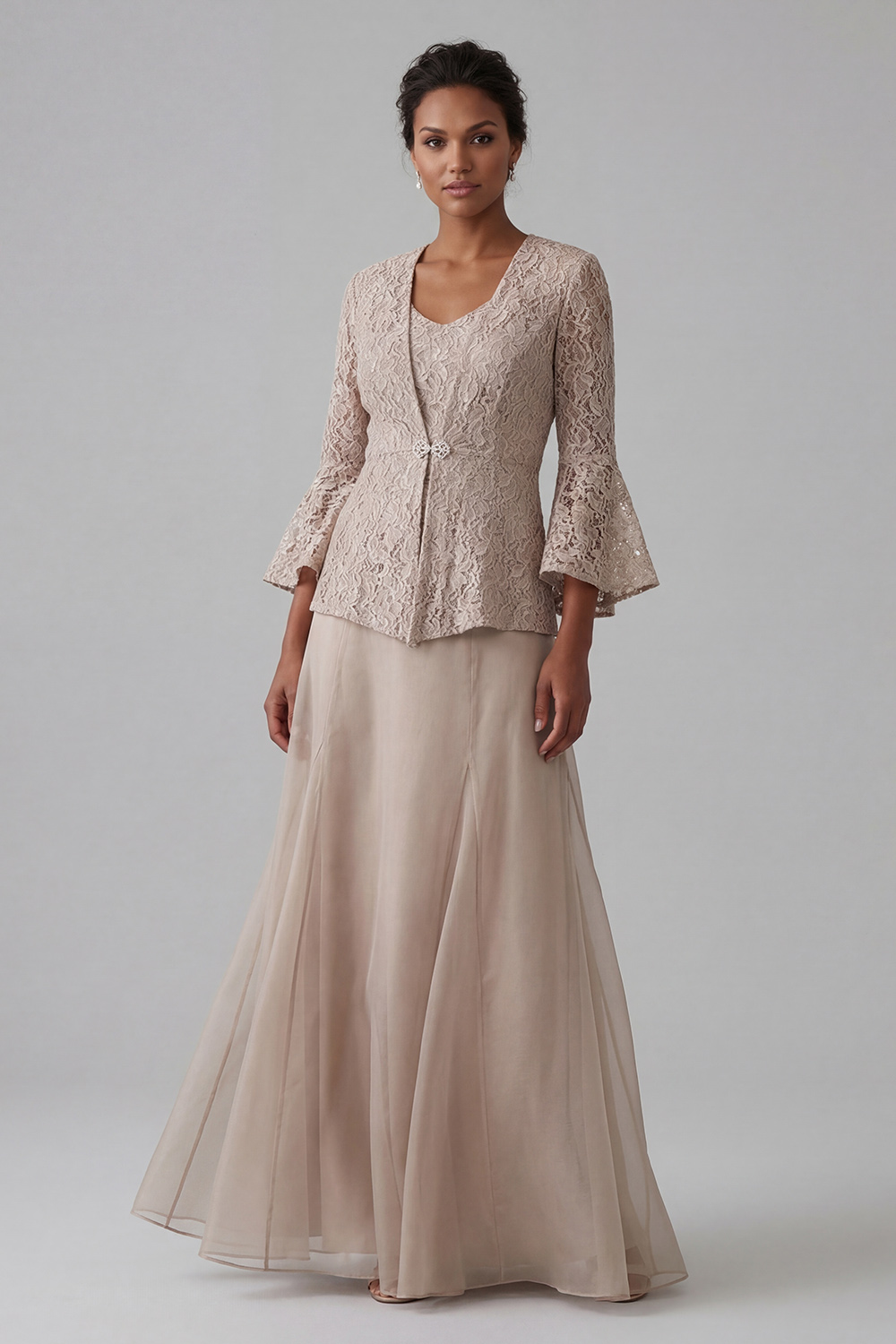 Champagne A Line V-Neck Long Mother of the Bride Dress with Jacket
