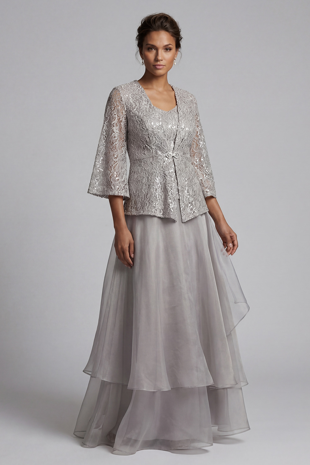 Sparkly Light Grey A Line Long Scoop Lace Mother of the Bride Dress with Jacket