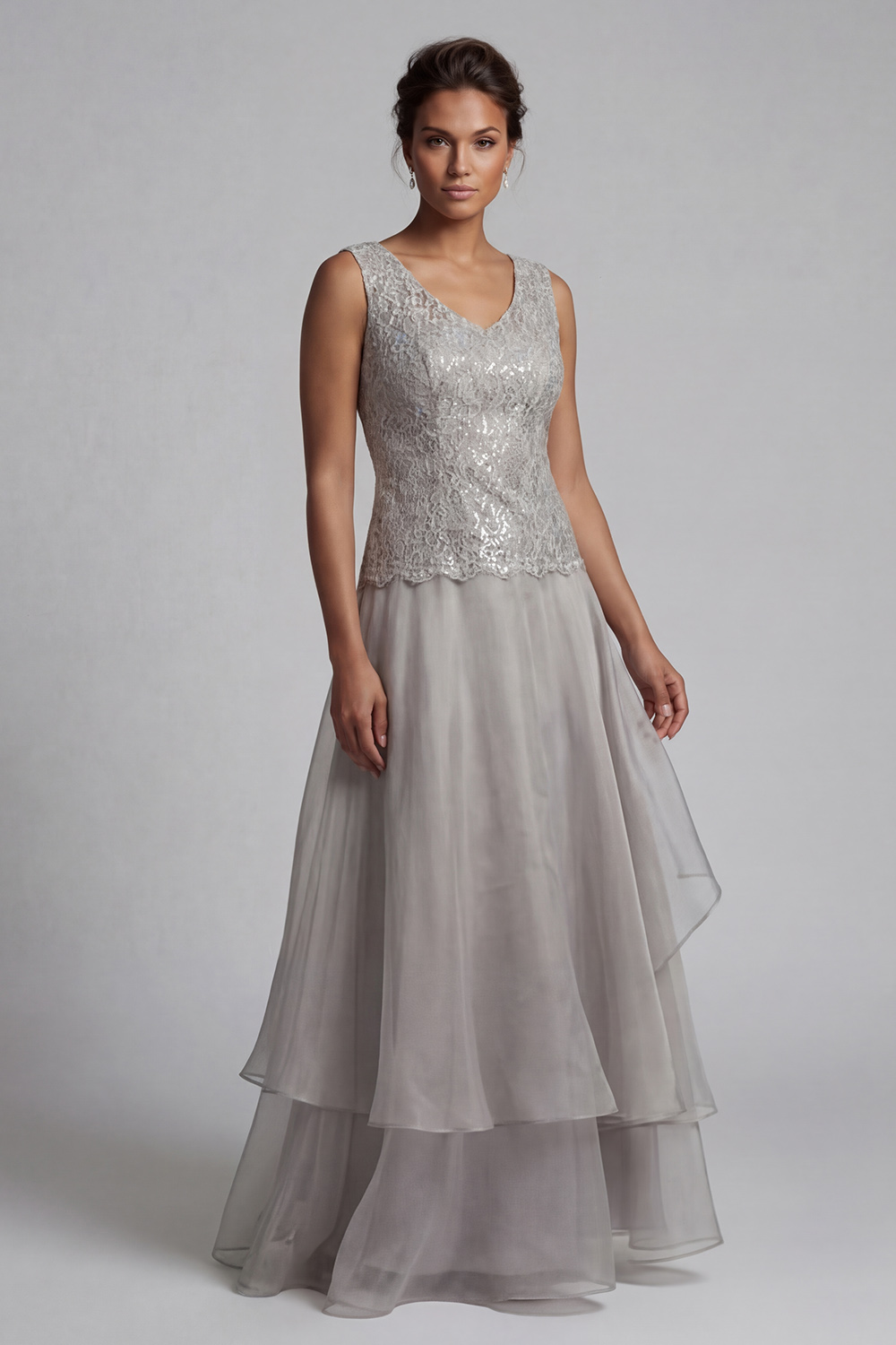 Sparkly Light Grey A Line Long Scoop Lace Mother of the Bride Dress with Jacket