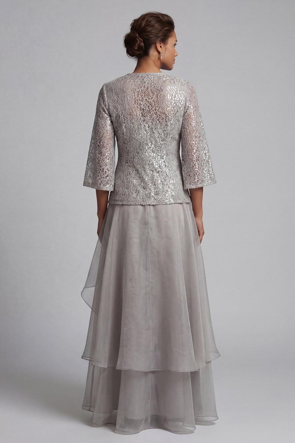Sparkly Light Grey A Line Long Scoop Lace Mother of the Bride Dress with Jacket