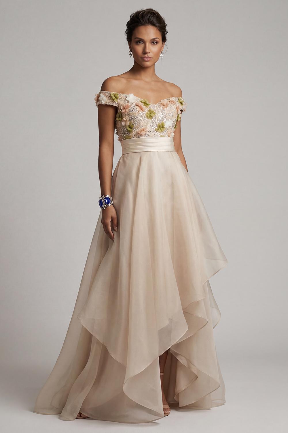Apricot Asymmetrical Floral A Line Mother of the Bride Dress with Ruffles