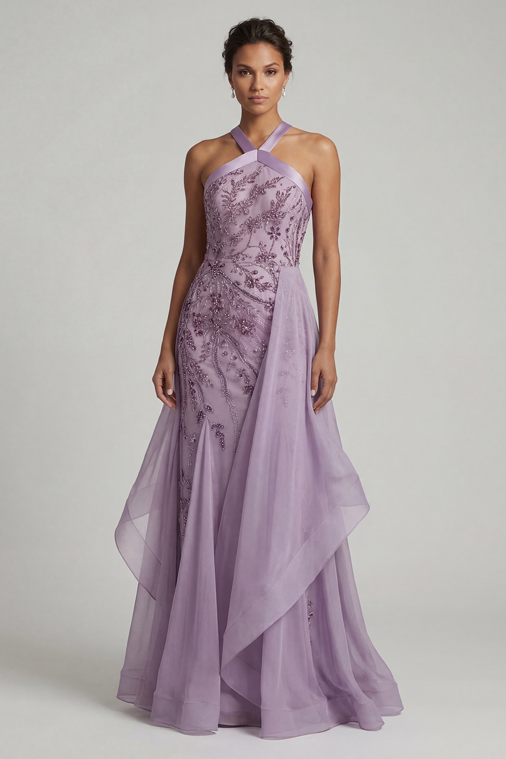 Purple Floral A Line Long Mother of the Bride Dress with Ruffles