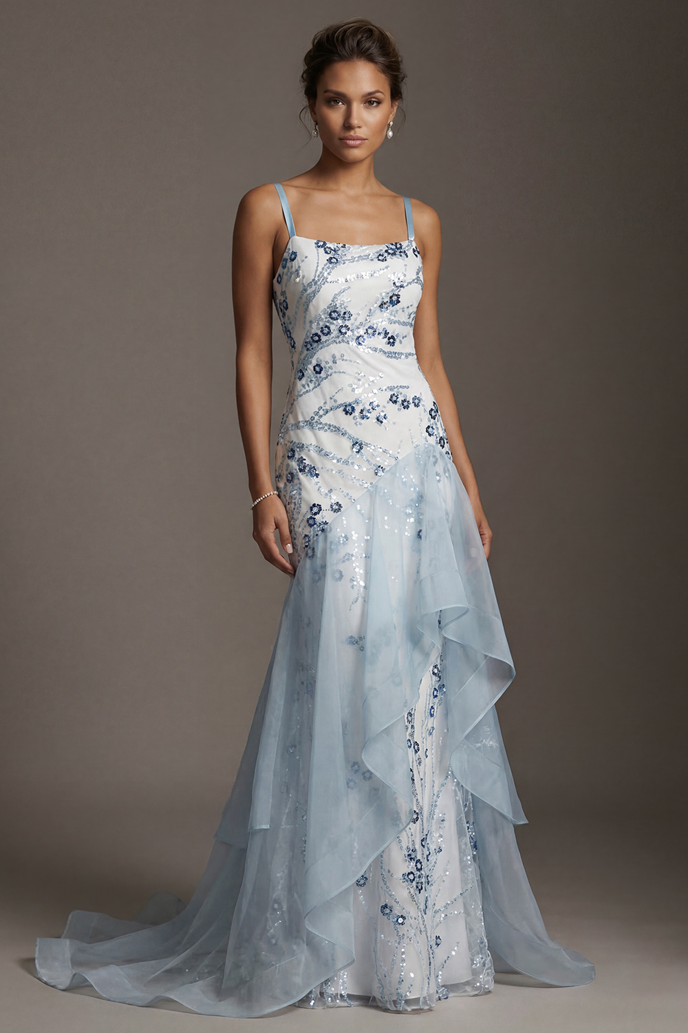 Sparkly Light Blue Long Sequin Mermaid Floral Mother of the Bride Dress with Ruffles