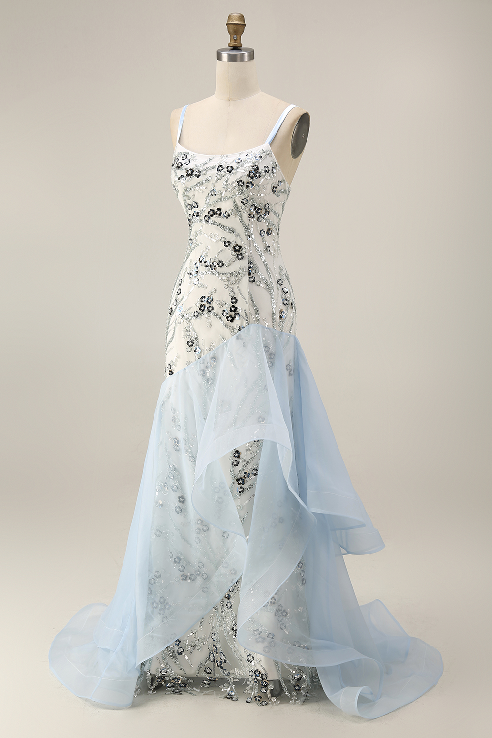 Sparkly Light Blue Long Sequin Mermaid Floral Mother of the Bride Dress with Ruffles