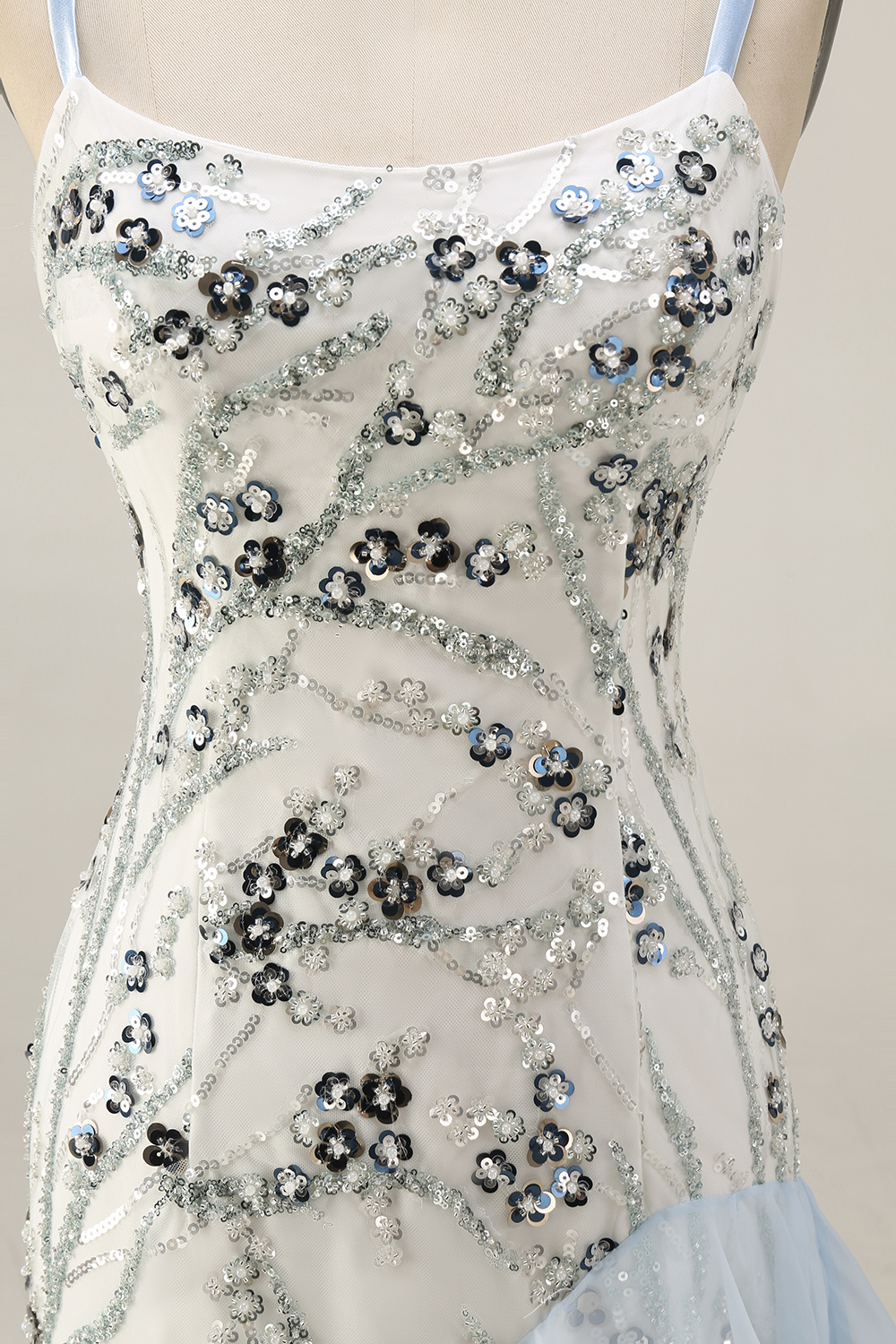 Sparkly Light Blue Long Sequin Mermaid Floral Mother of the Bride Dress with Ruffles