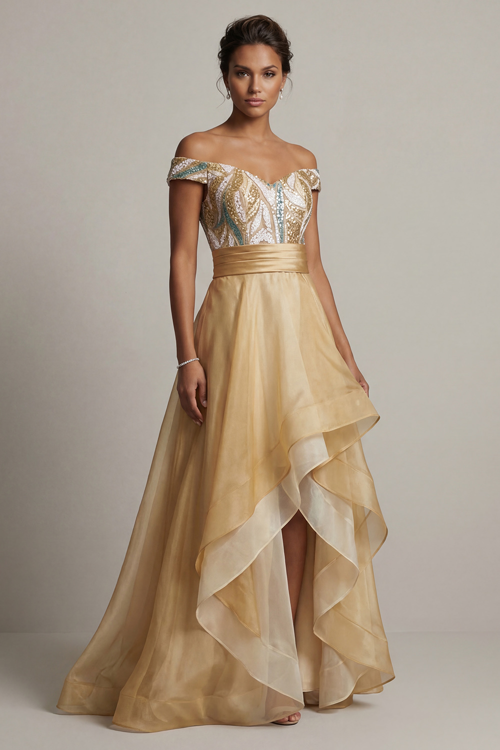 Champagne Asymmetrical A Line Mother of the Bride Dress with Ruffles