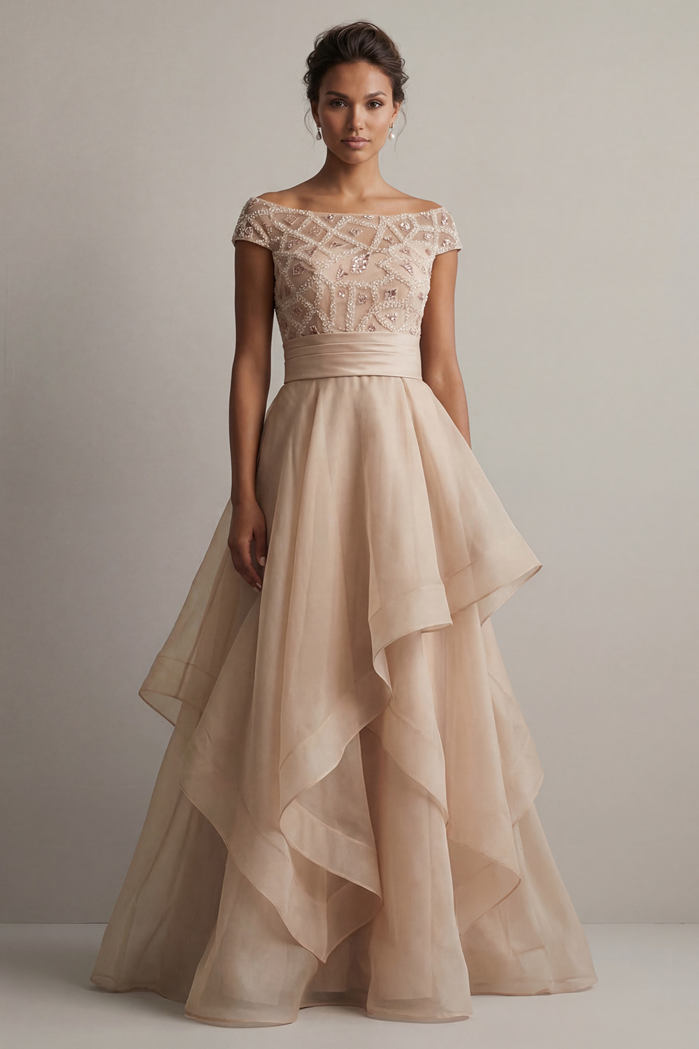Blush Beaded A Line Long Mother of the Bride Dress with Ruffles