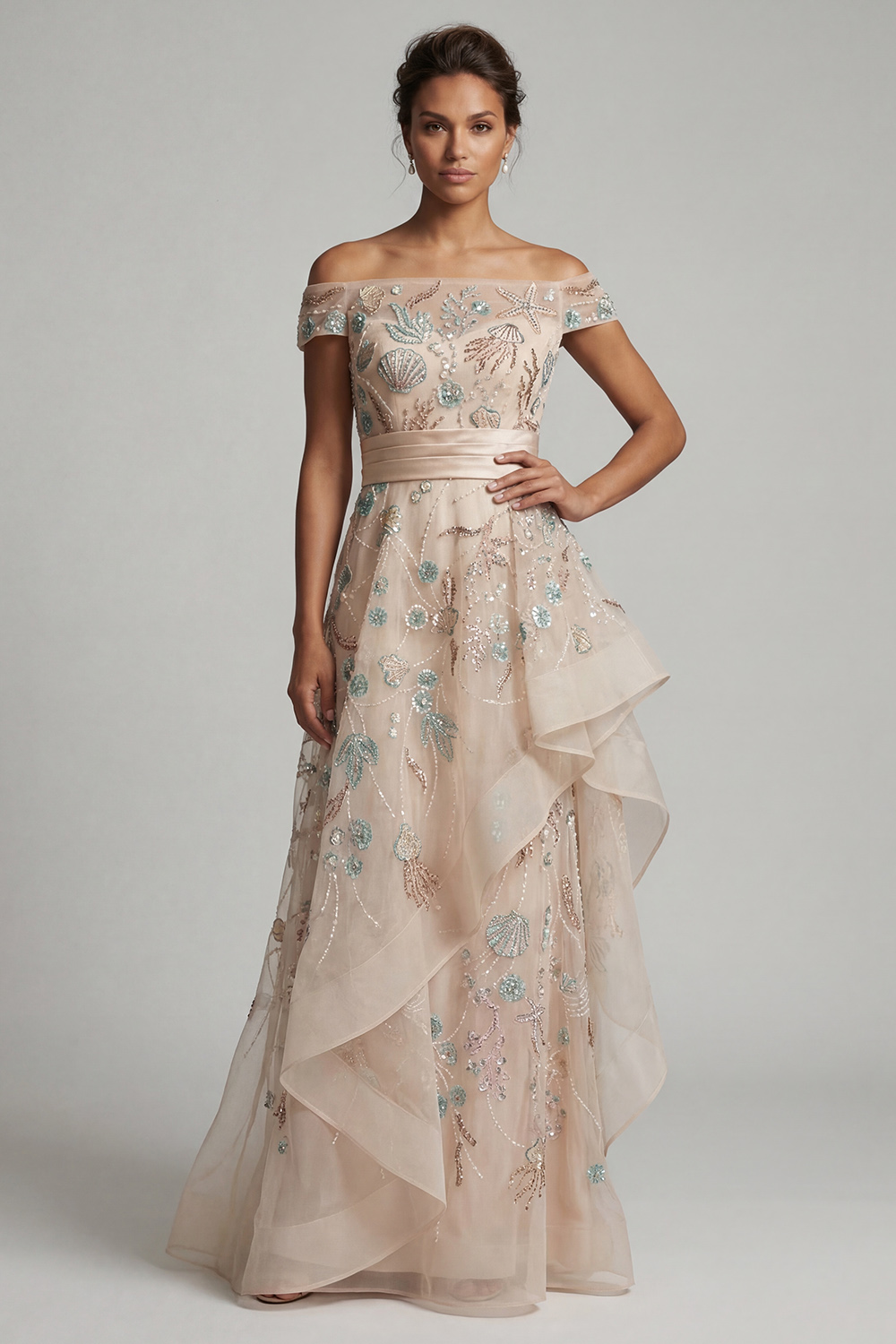 Blush A Line Floral Long Mother of the Bride Dress with Ruffles