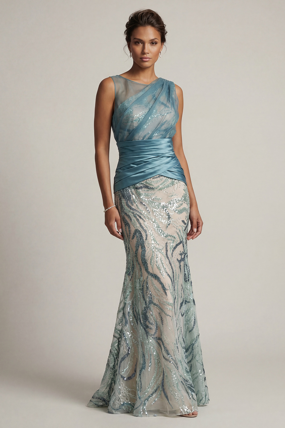 Sparkly Lake Blue Sequin Ruched Mermaid Long Mother of the Bride Dress