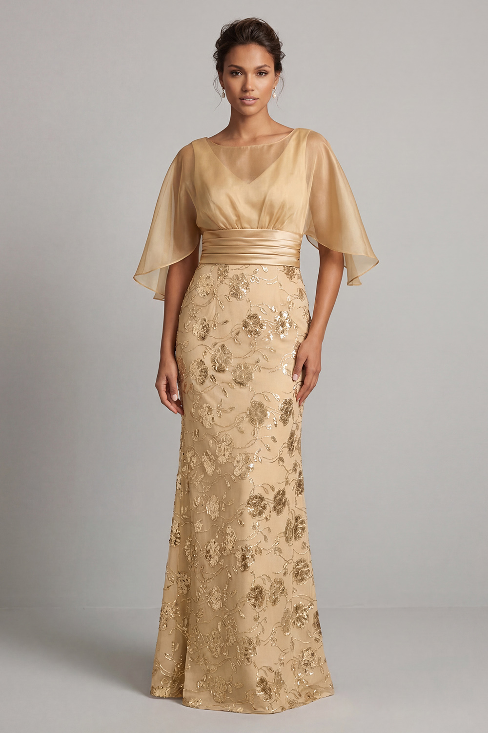 Champagne Floral Long Mermaid Mother of the Bride Dress