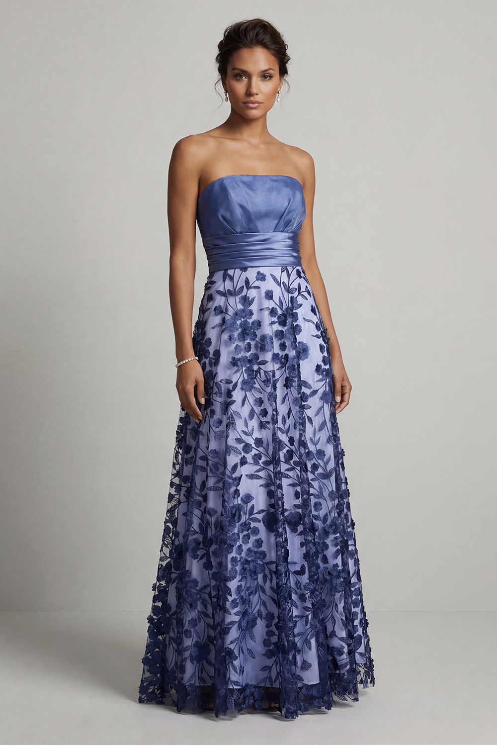 Floral A Line Navy Strapless Long Mother of the Bride Dress