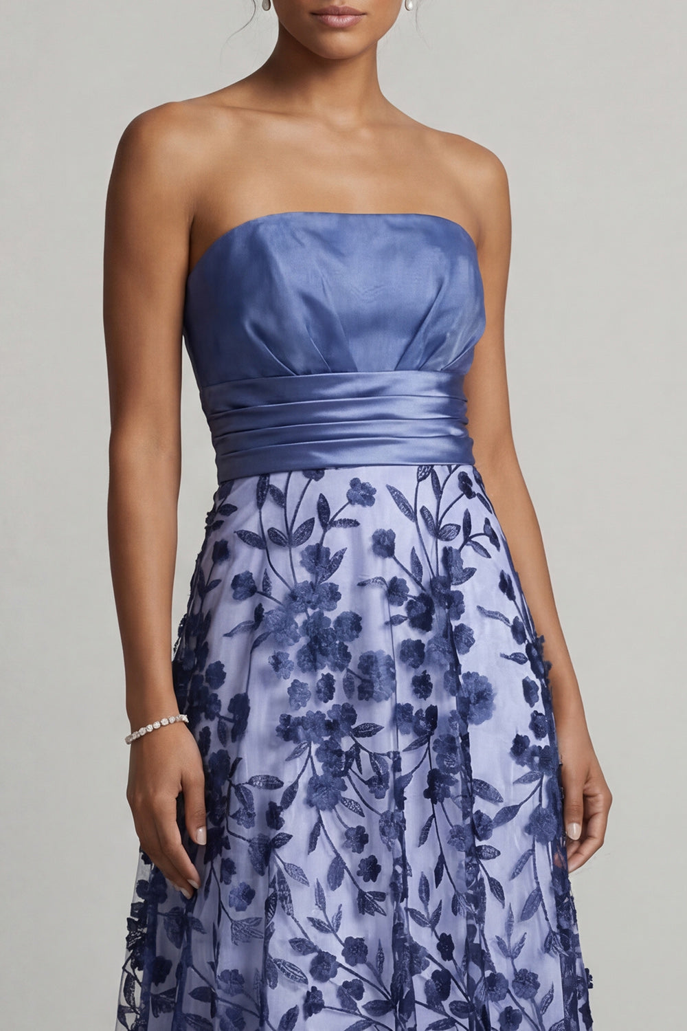 Floral A Line Navy Strapless Long Mother of the Bride Dress