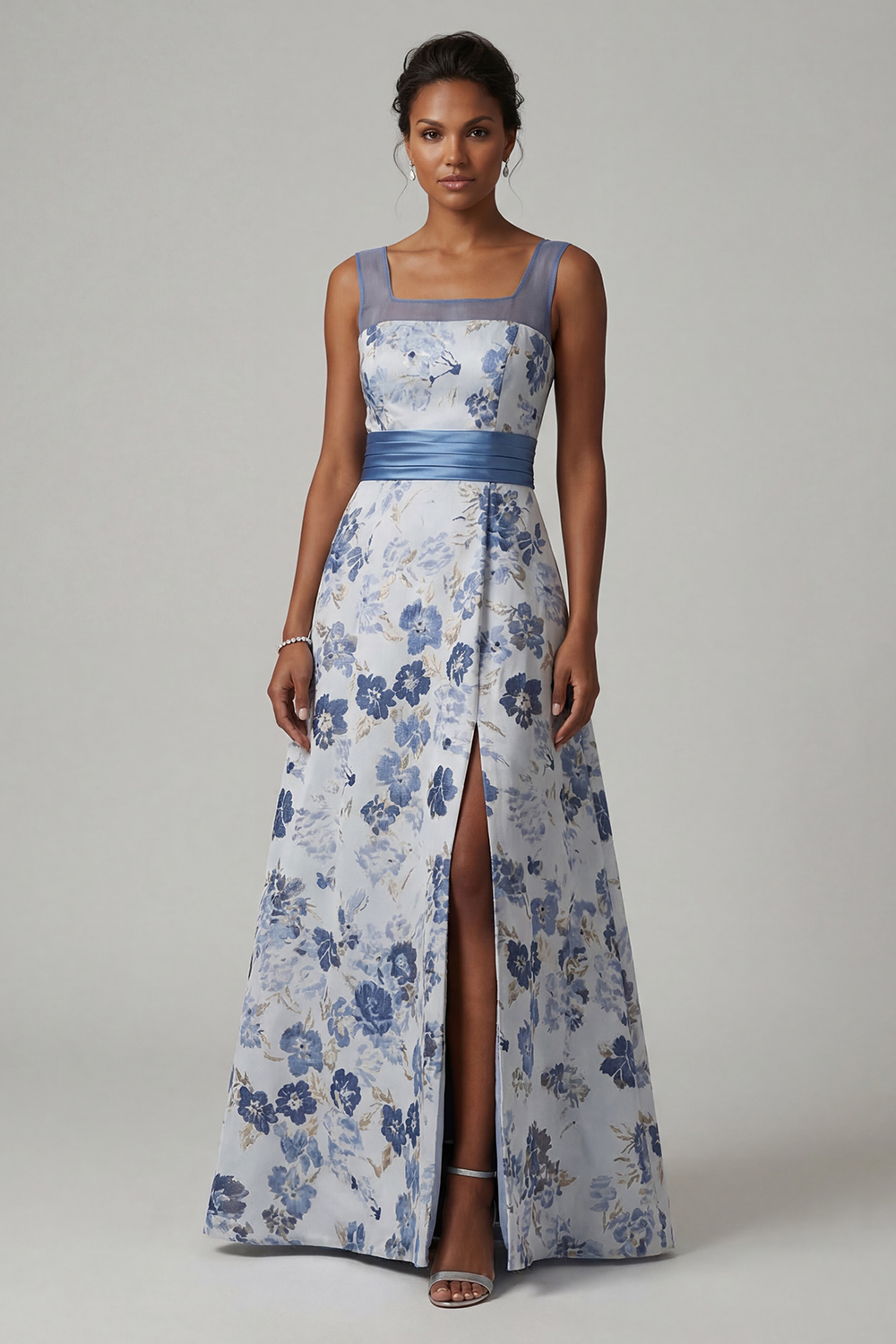 Dusty Blue Floral Long A Line Mother of the Bride Dress with Slit