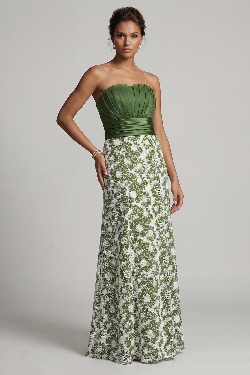 Green Strapless Floral Long A Line Ruched Mother of the Bride Dress