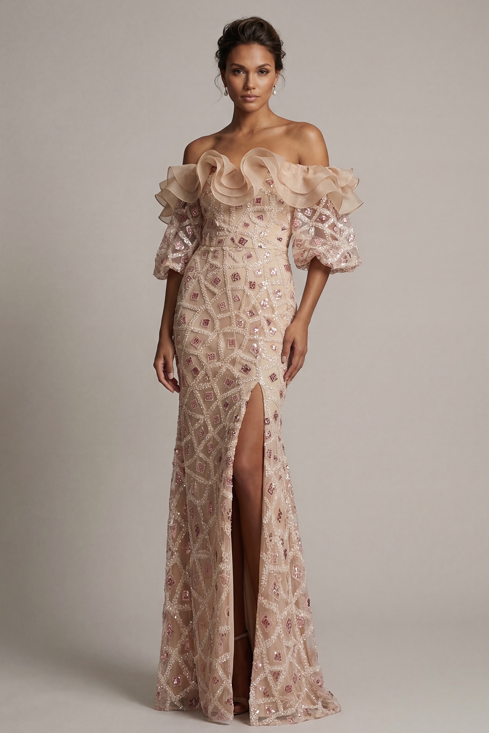 Sparkly Champagne Sequin Mermaid Long Beaded Mother of the Bride Dress with Ruffles