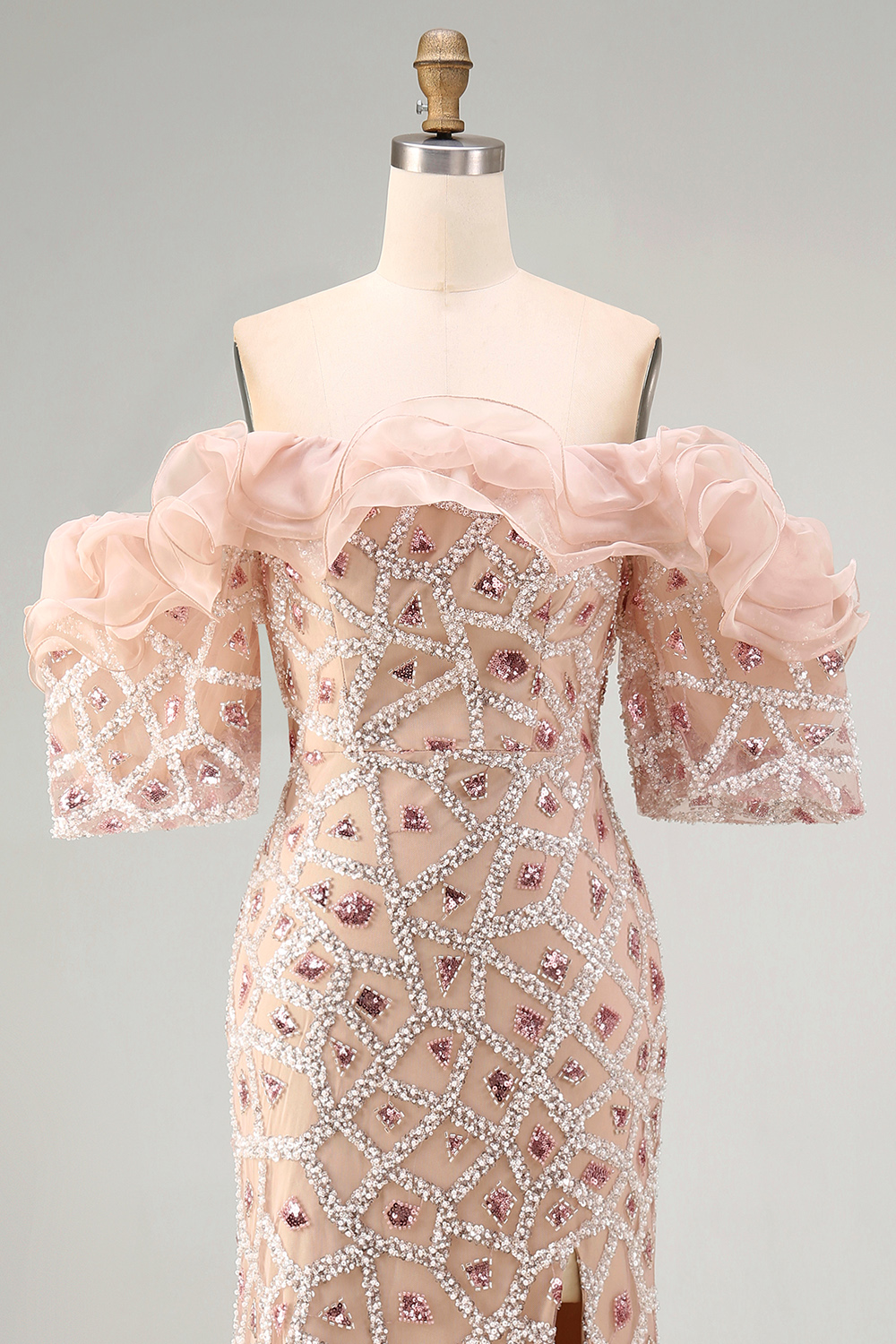 Sparkly Champagne Sequin Mermaid Long Beaded Mother of the Bride Dress with Ruffles