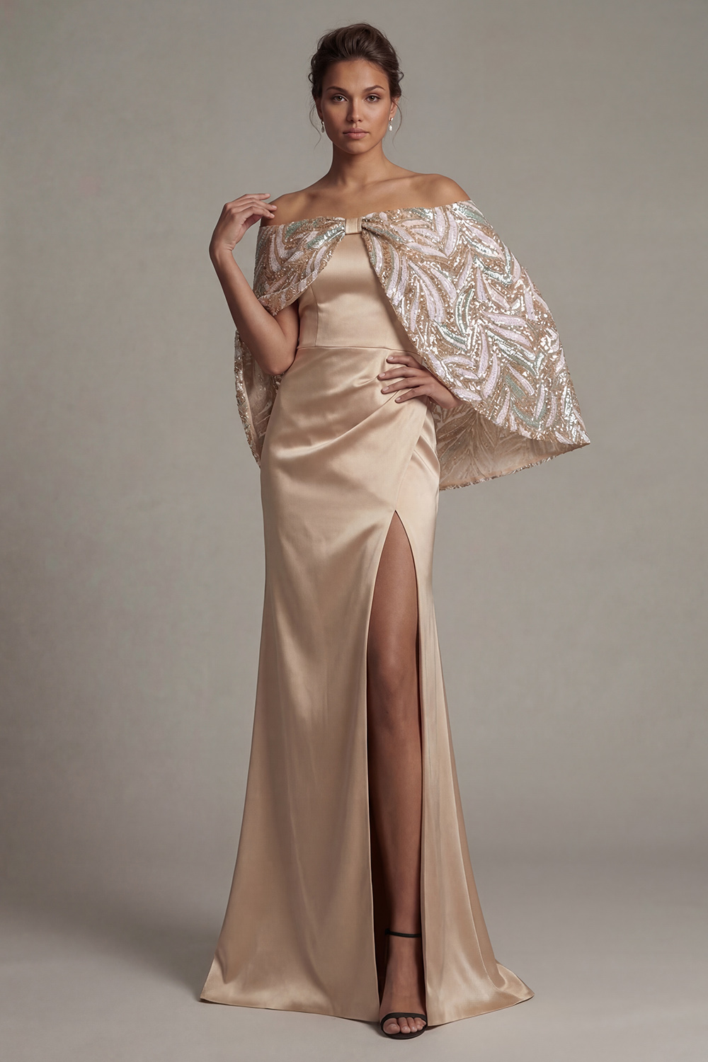 Sparkly Champagne Sequin Mermaid Long Mother of the Bride Dress with Cape