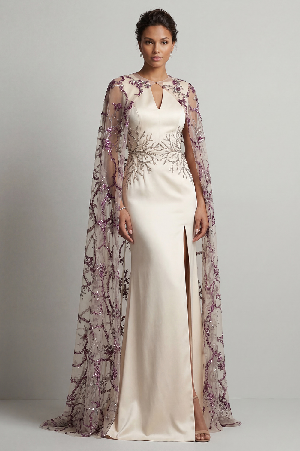 Sparkly Ivory Sequin Mermaid Satin Long Mother of the Bride Dress with Cape