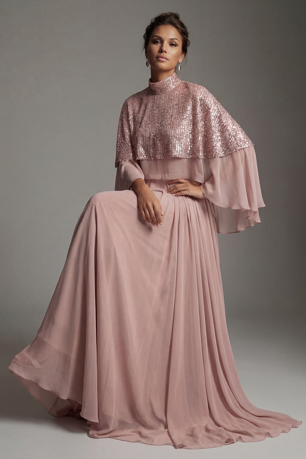 Sparkly Dusty Rose Sequin A Line Long Mother of the Bride Dress with Cape