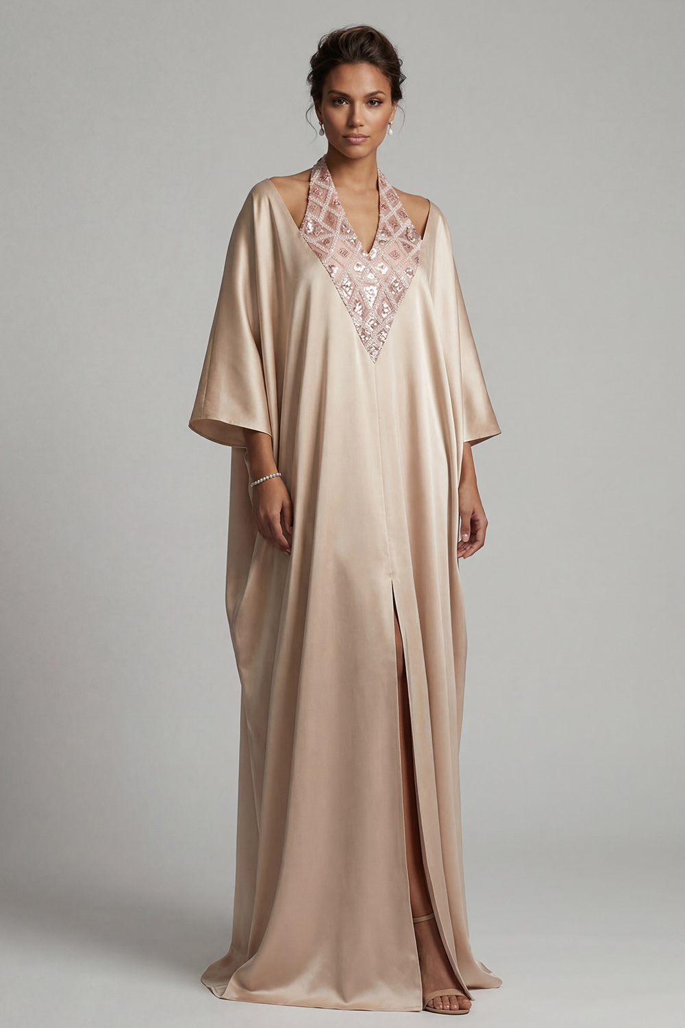 Sparkly Champagne Sequin Sheath Halter Long Mother of the Bride Dress with Slit