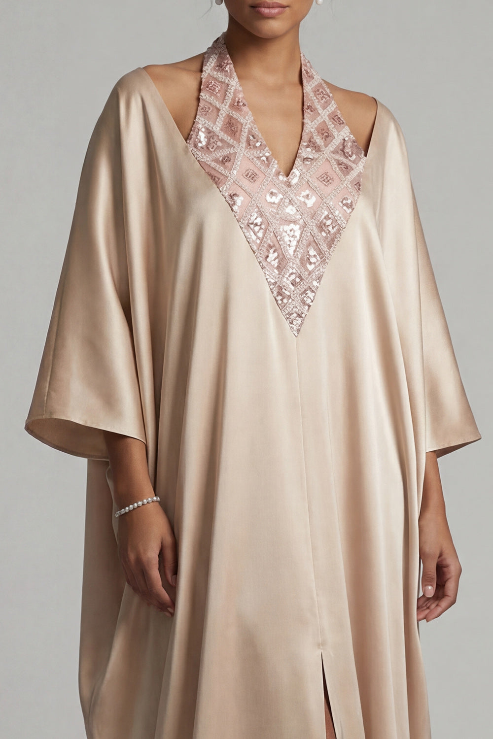 Sparkly Champagne Sequin Sheath Halter Long Mother of the Bride Dress with Slit