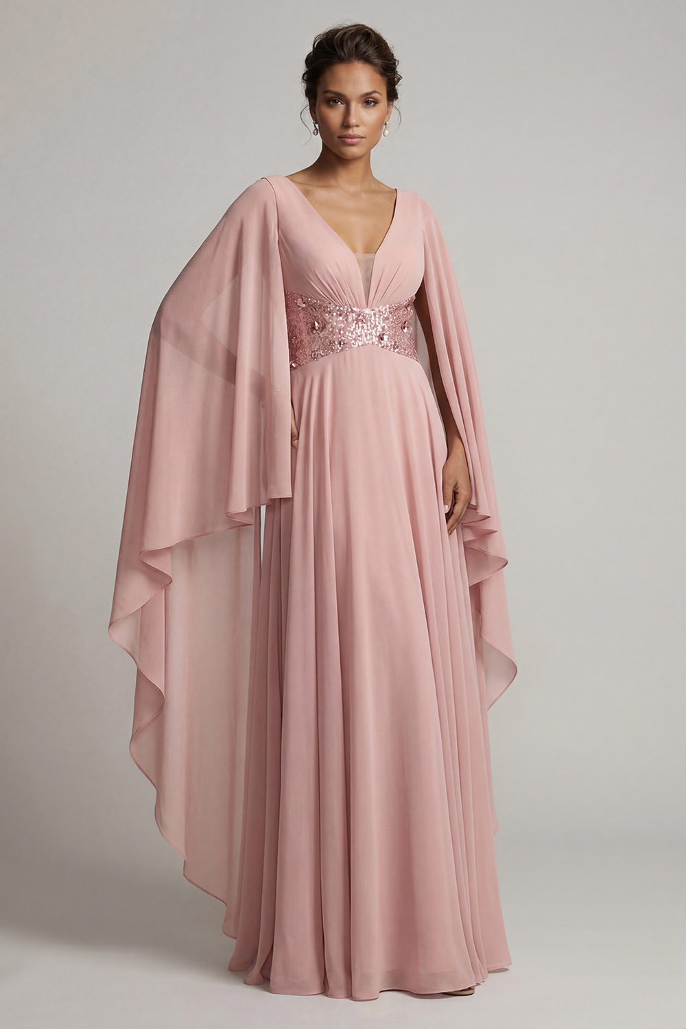 Sparkly Dusty Rose Long Sequin A Line Mother of the Bride Dress with Cape