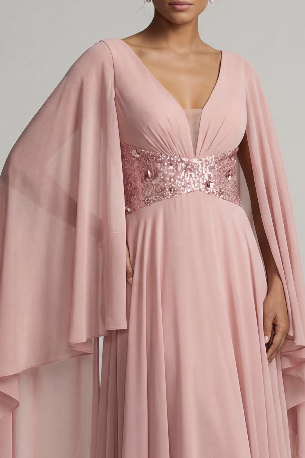 Sparkly Dusty Rose Long Sequin A Line Mother of the Bride Dress with Cape