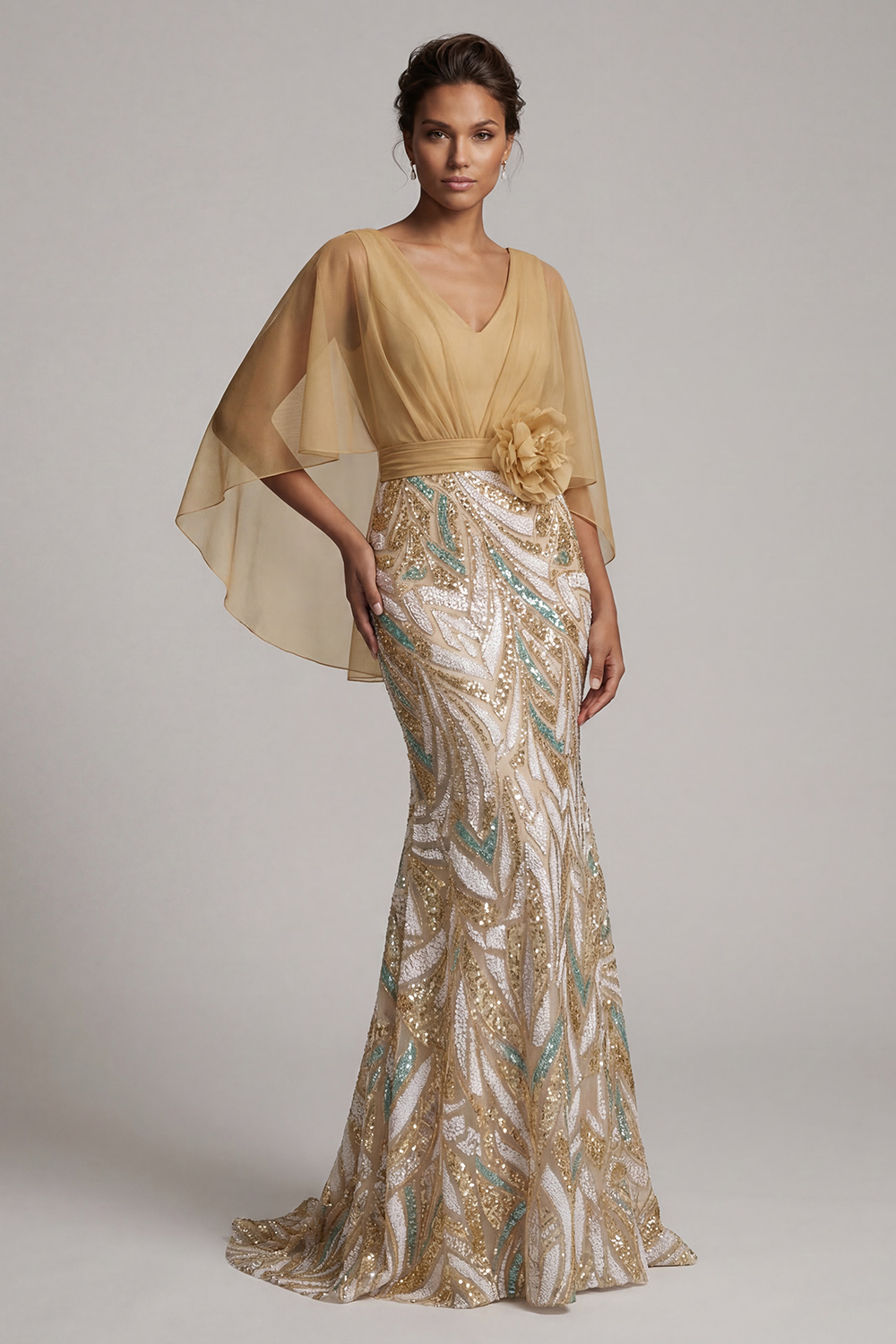 Sparkly Champagne Sequin Long Mermaid 3D Flower Mother of the Bride Dress with Cape