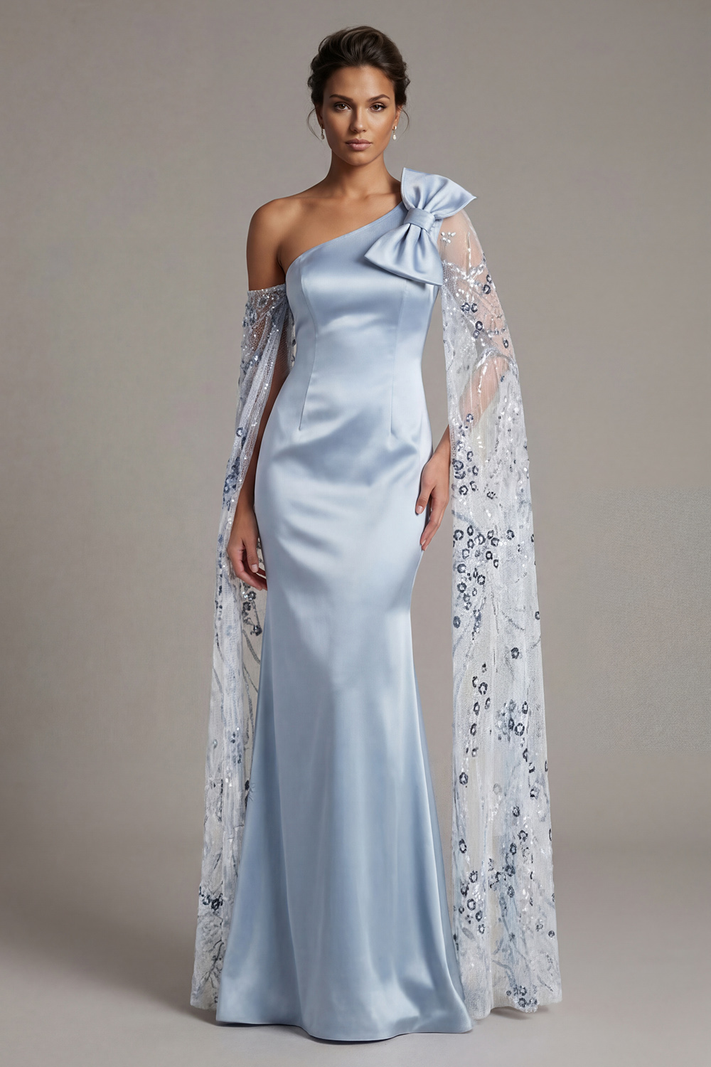 Sky Blue Mermaid Floral Long Sequin Mother of the Bride Dress with Cape