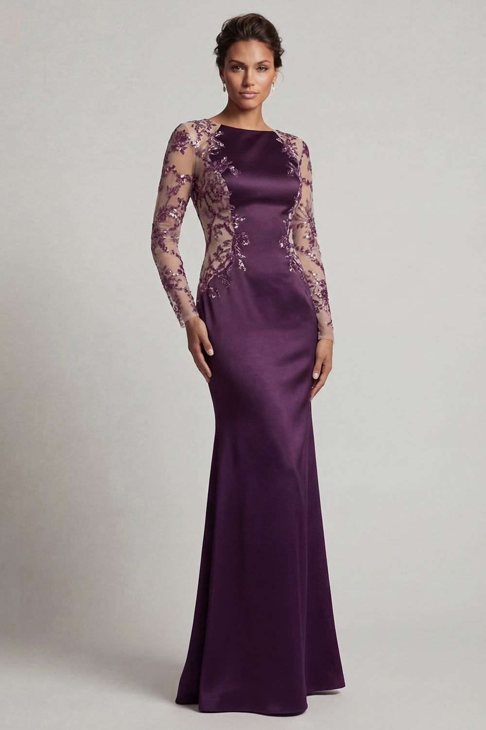 Dark Purple Mermaid Floral Long Sequin Bateau Neck Mother of the Bride Dress