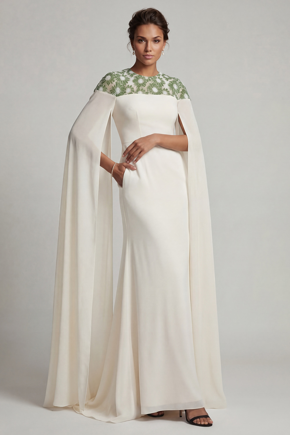 Ivory Floral Round Neck Mermaid Long Mother of the Bride Dress with Cape