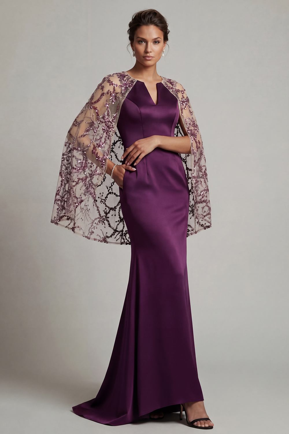 Sparkly Dark Purple Floral Long Mermaid Mother of the Bride Dress with Cape
