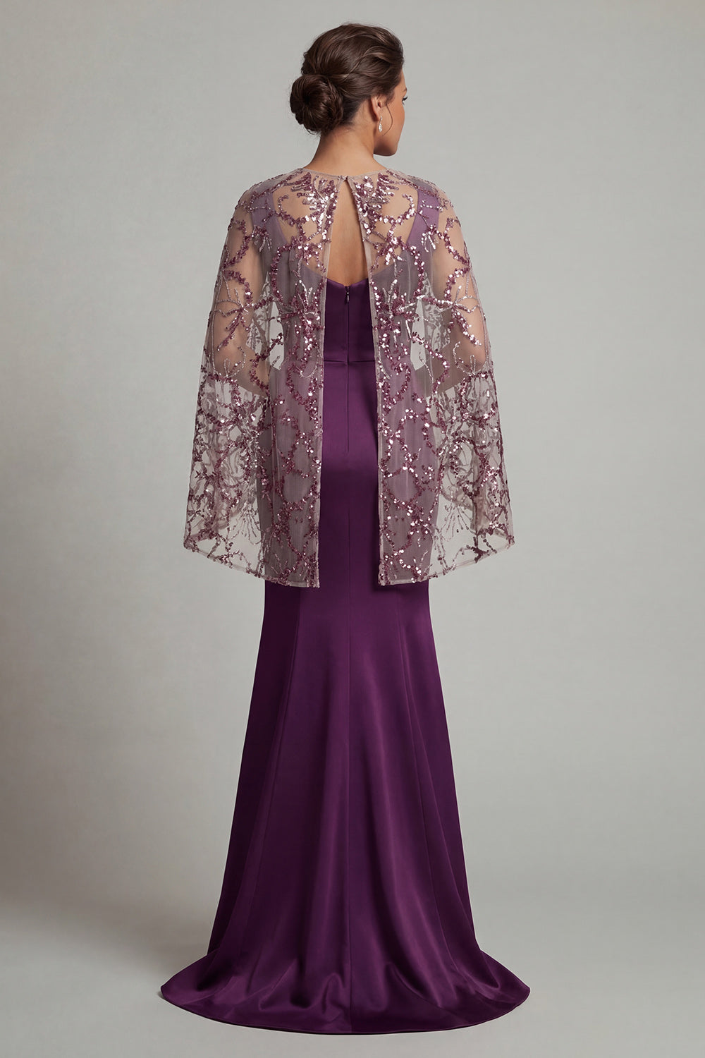 Sparkly Dark Purple Floral Long Mermaid Mother of the Bride Dress with Cape