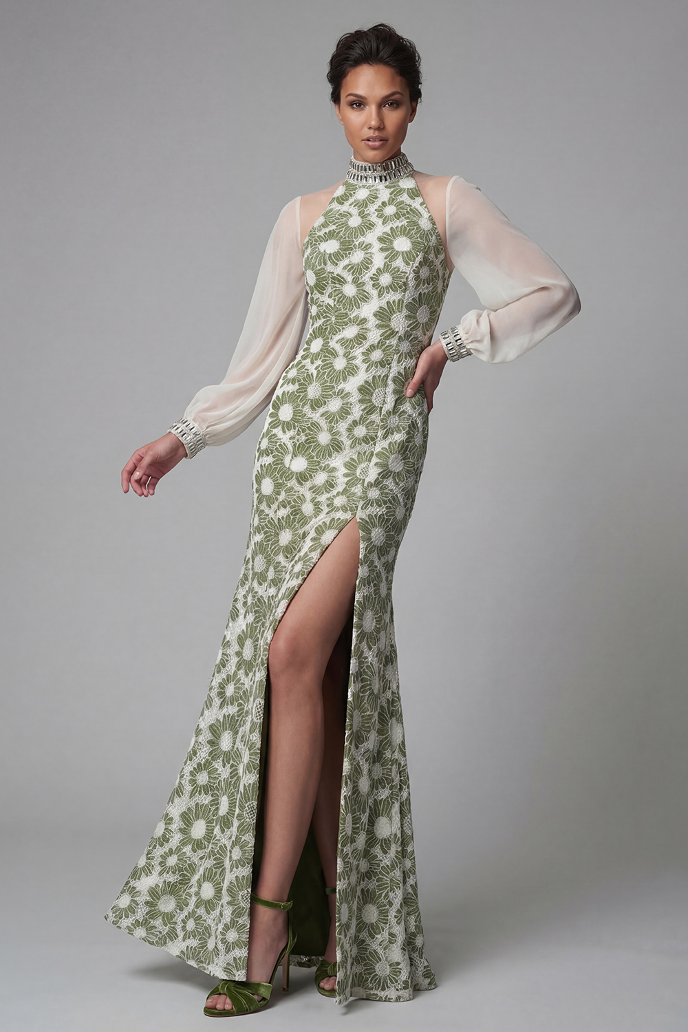 Green Mermaid High Neck Floral Long Mother of the Bride Dress with Slit