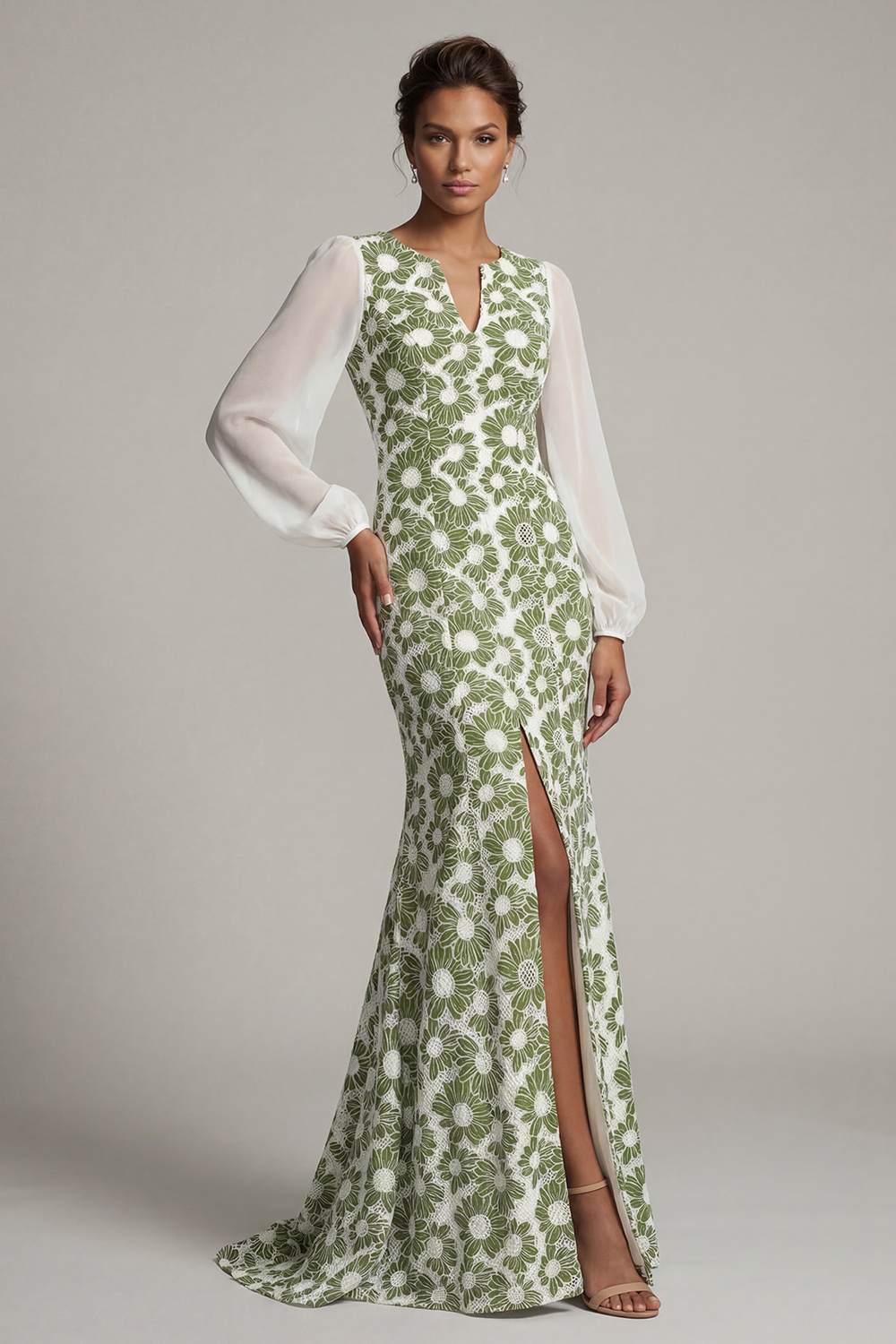 Green Mermaid Floral Long Sleeves Mother of the Bride Dress with Slit