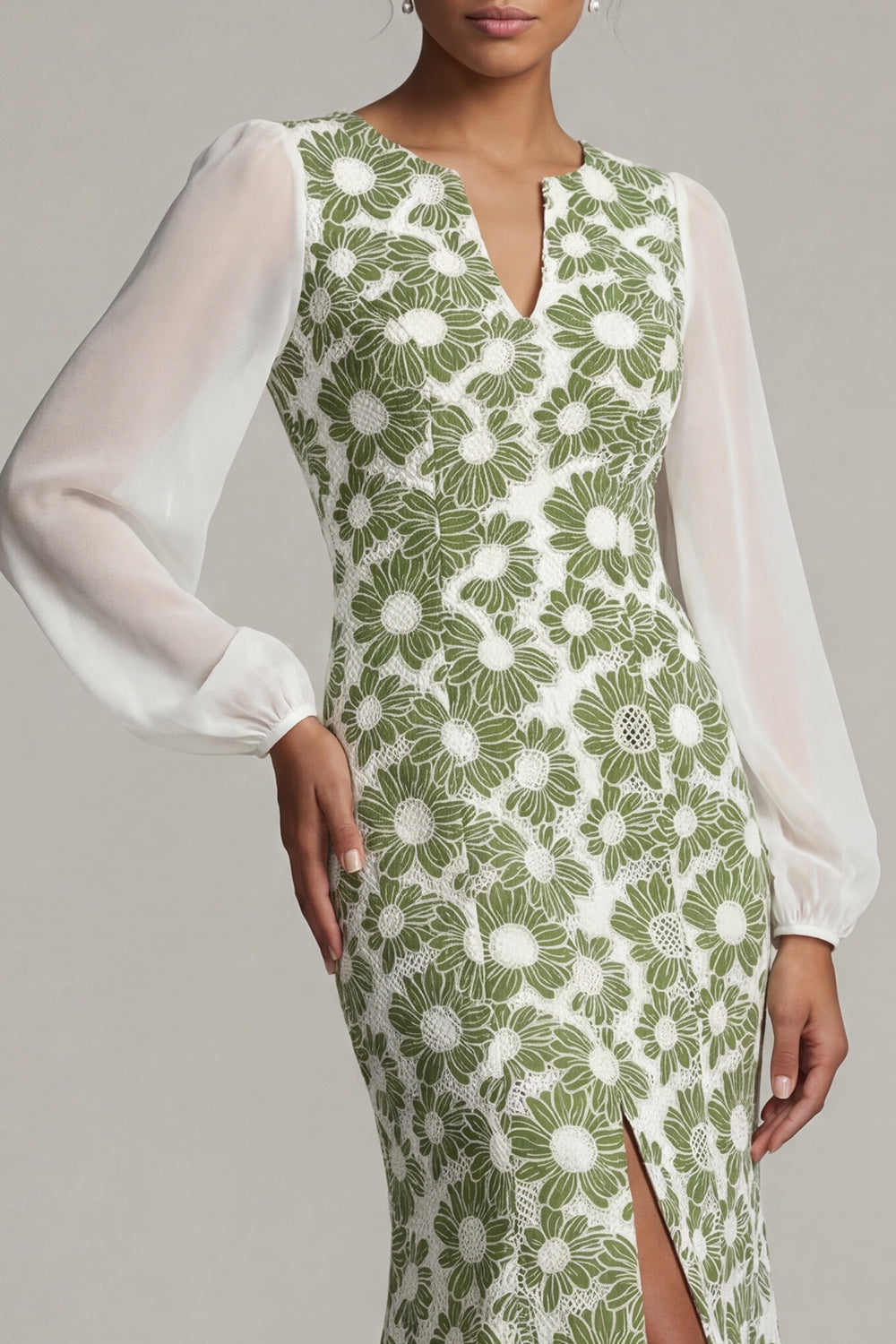 Green Mermaid Floral Long Sleeves Mother of the Bride Dress with Slit