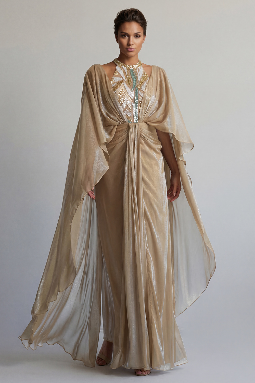 Sparkly Champagne Ruched Sequin Long Sheath Mother of the Bride Dress with Cape