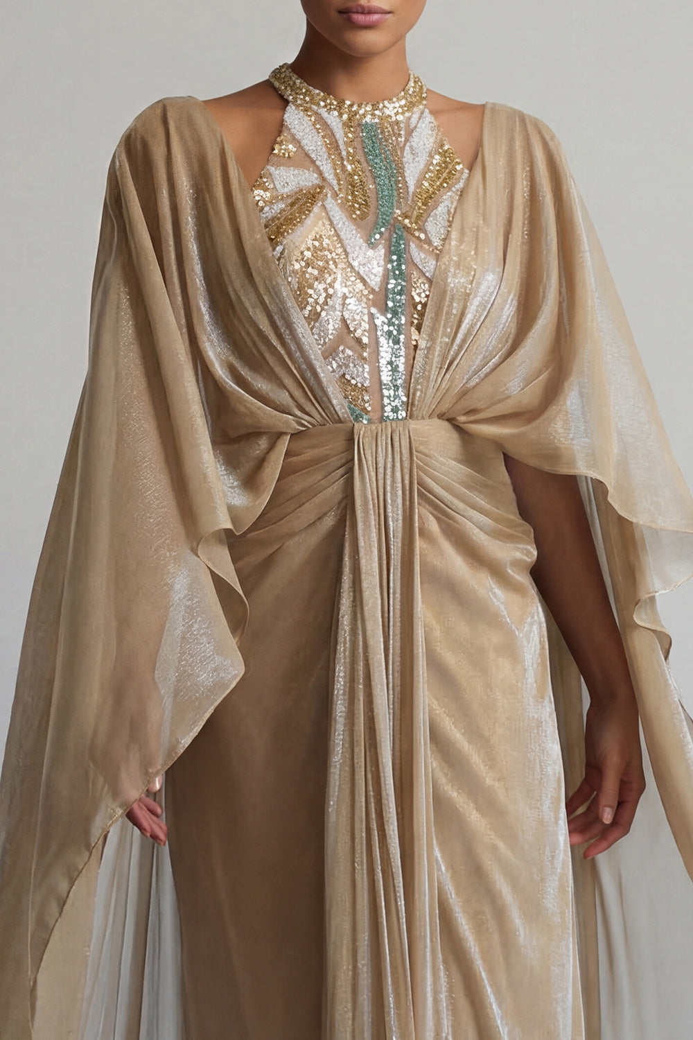 Sparkly Champagne Ruched Sequin Long Sheath Mother of the Bride Dress with Cape