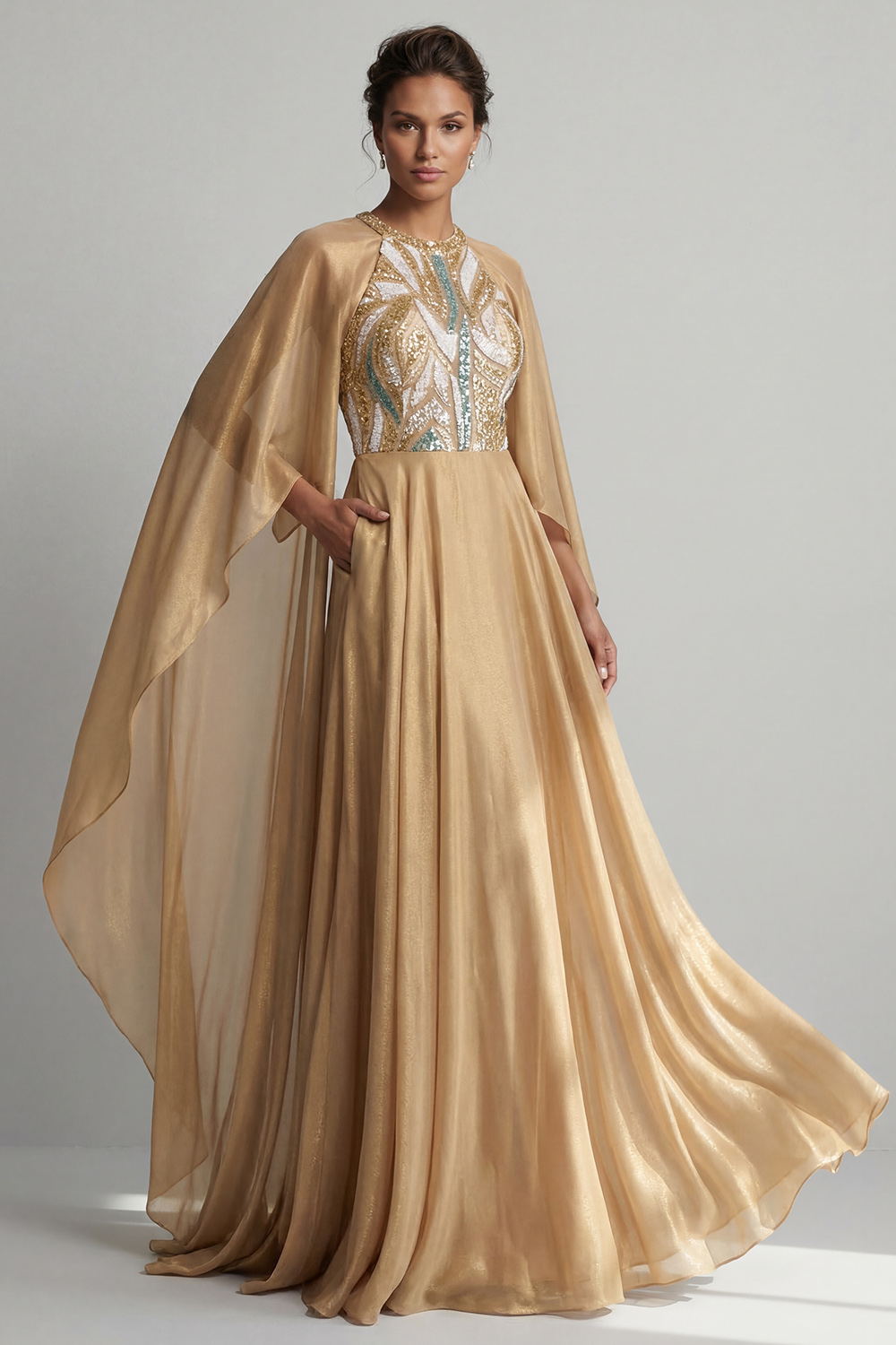 Sparkly Champagne A Line Sequin Long Mother of the Bride Dress with Cape